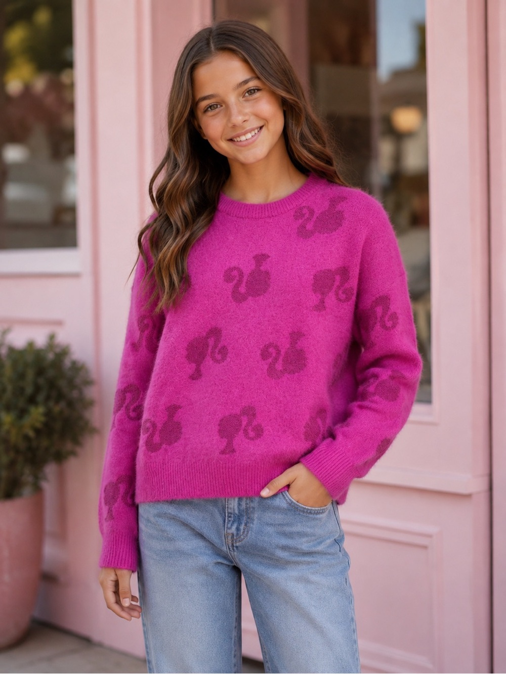 Barbie Girls Hot Pink Metallic Lurex Allover Silhouette Knit Sweater XLARGE